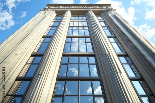 A tall art deco office building with clean lines, fluted columns, and mirrored windows reflecting the sky photo