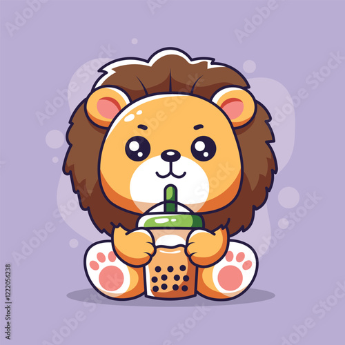 Cute cartoon lion drink of boba. Vector illustration.