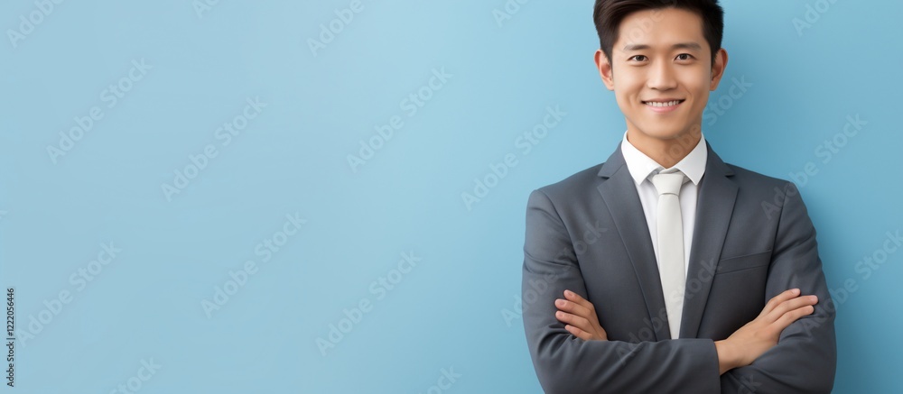 Confident Asian businessman in a suit, arms crossed, smiling against a light blue background. Confident Asian businessman in a suit, arms crossed, smiling against a light blue background.