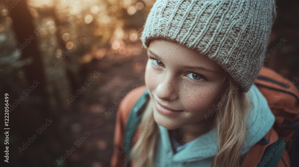 Adventurous Girl Forest Hike Golden Hour Backpack Nature Adventurous Girl Forest Hike Golden Hour Backpack Nature