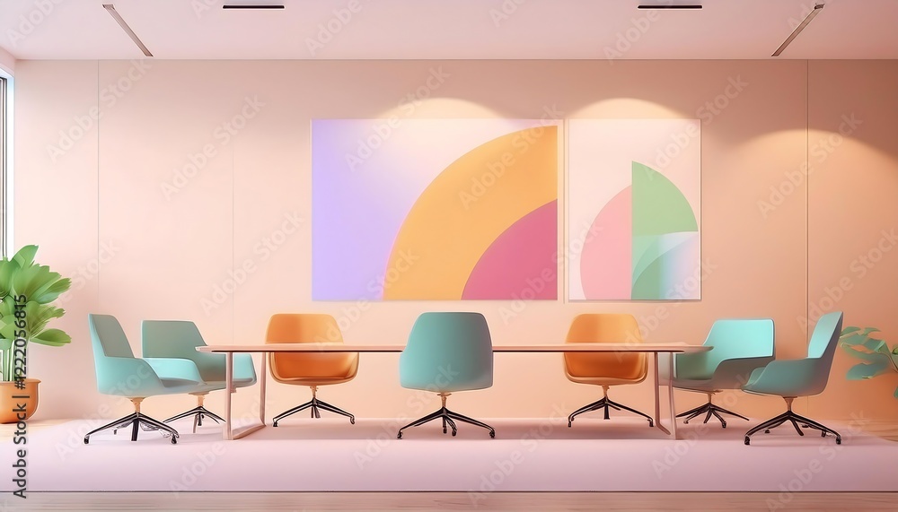 Fototapeta premium Modern boardroom interior with large blank canvas for signage or presentation display on wall, natural light through windows. 3D Rendering
