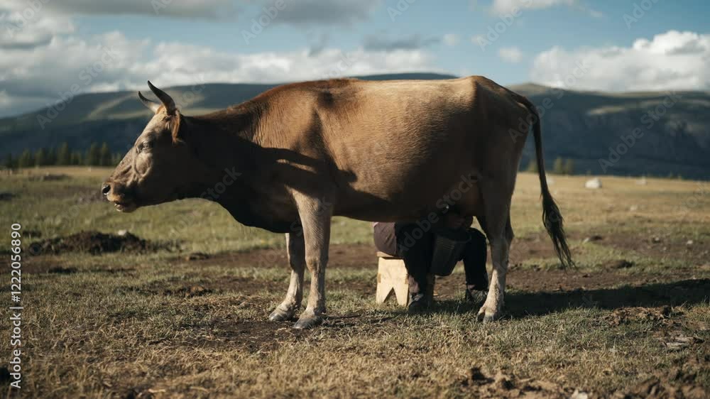 A woman milking a cow in the Altai Mountains at sunset in a serene rural life, showcasing Mongolia’s traditional lifestyle and breathtaking landscapes with the Altai Mountains in the background A woman milking a cow in the Altai Mountains at sunset in a serene rural life, showcasing Mongolia’s traditional lifestyle and breathtaking landscapes with the Altai Mountains in the background