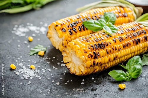 Grilled corn with spices and herbs on a black stone background. photo