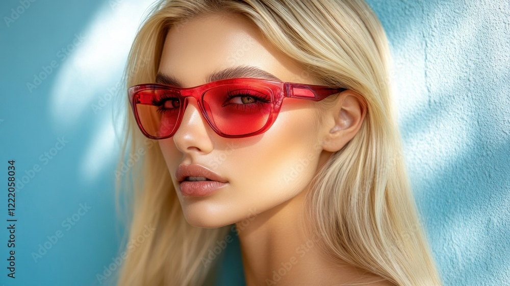 Stunning Blonde Woman in Red Sunglasses Against a Turquoise Wall Stunning Blonde Woman in Red Sunglasses Against a Turquoise Wall