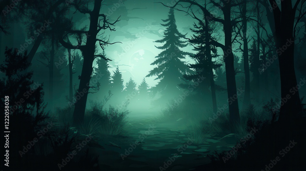 Obraz premium Mystical Moonlight Forest Path Enveloped In Mist