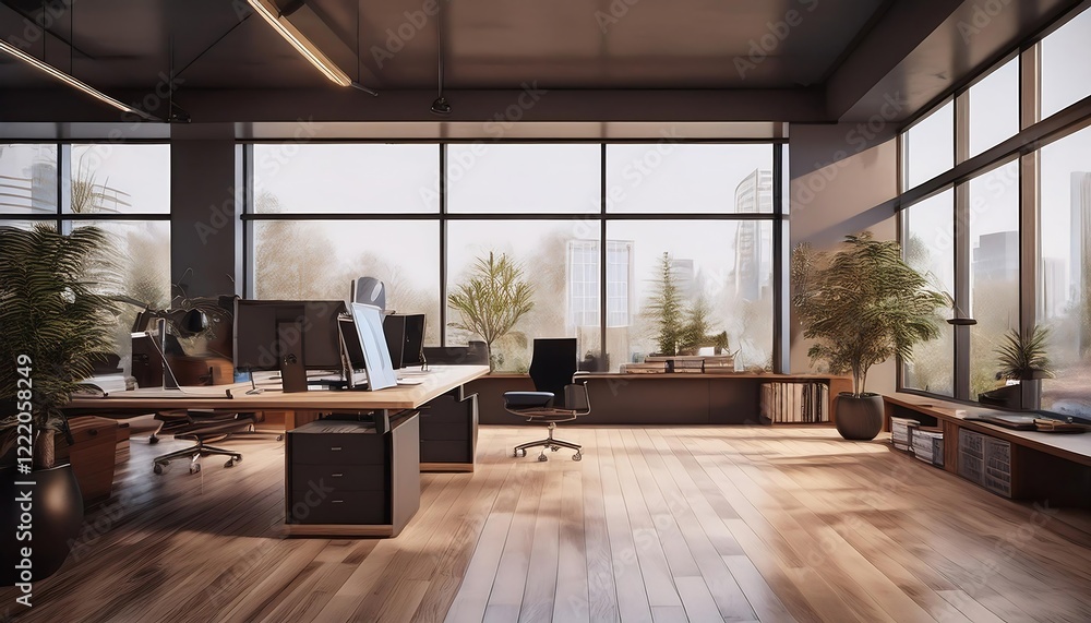 Modern executive office interior with minimal design, large windows, wooden flooring, modern and elegant workspace setup