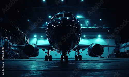 Airplane in hangar at night, ready for departure