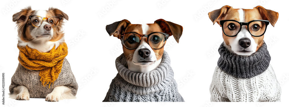 Fototapeta premium Three stylish dogs wearing sweaters and glasses against a transparent background