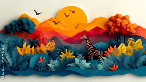 Paper Cut Art Style Illustration of a Giraffe in a Vibrant African Landscape With a Setting Sun and Flying Birds