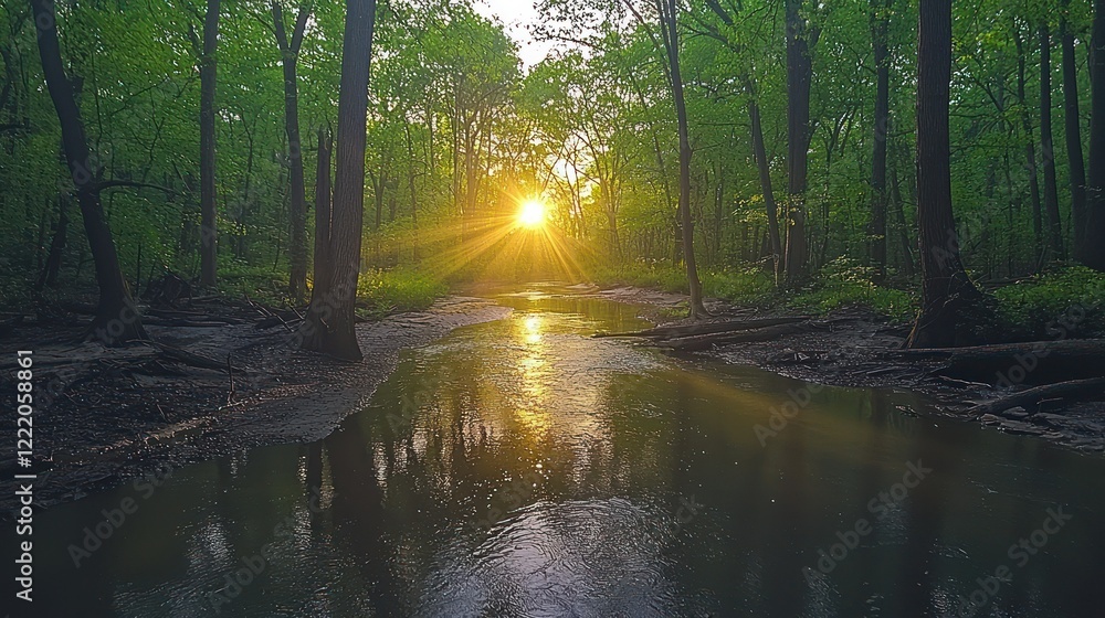 Obraz premium Sunset Serenity: Golden Rays Illuminating Forest Creek