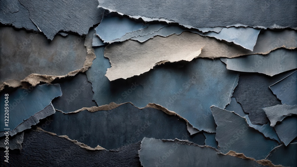 Obraz premium Abstract Textured Background of Irregularly Shaped, Torn Blue and Gray Paper Pieces