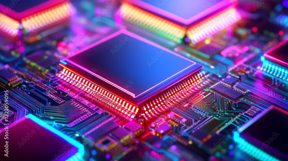 Neon-lit circuit board with pulsating data streams, representing high-speed digital processing, advanced computing, and futuristic technology innovation
Neon-lit circuit board with pulsating data streams, representing high-speed digital processing, advanced computing, and futuristic technology innovation