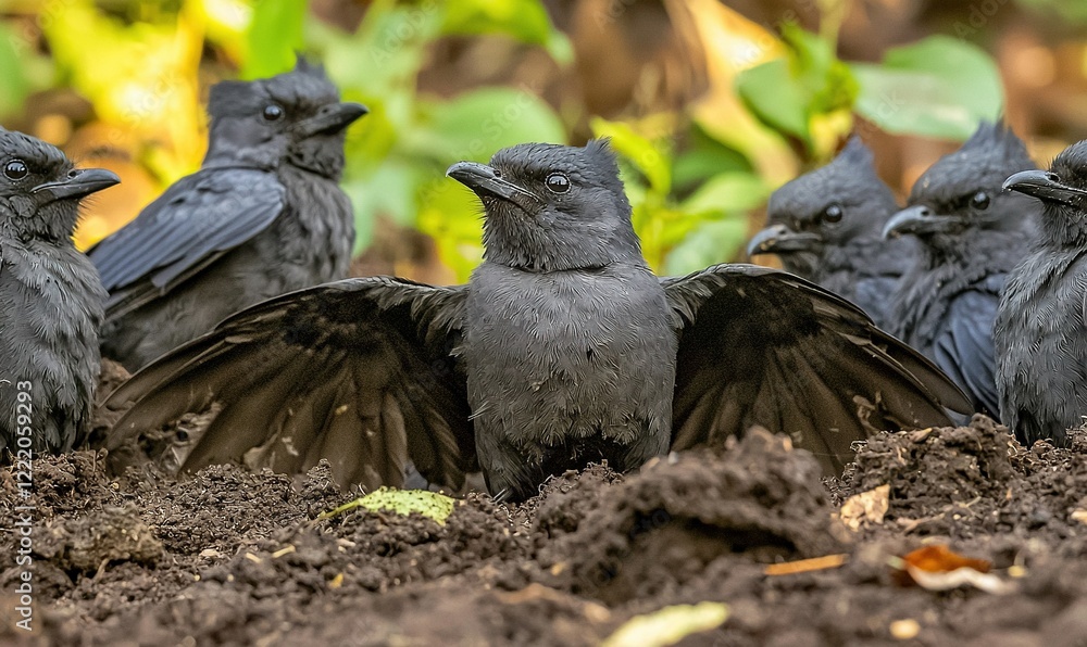 Fototapeta premium Black birds with spread wings on dirt ground, nature background, wildlife image