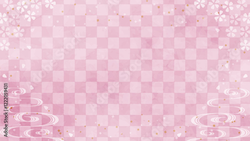 Japanese background: Pink checkered pattern with cherry blossoms and flowing water pattern