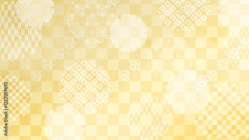 Japanese background: yellow checkered pattern with snowflake pattern
