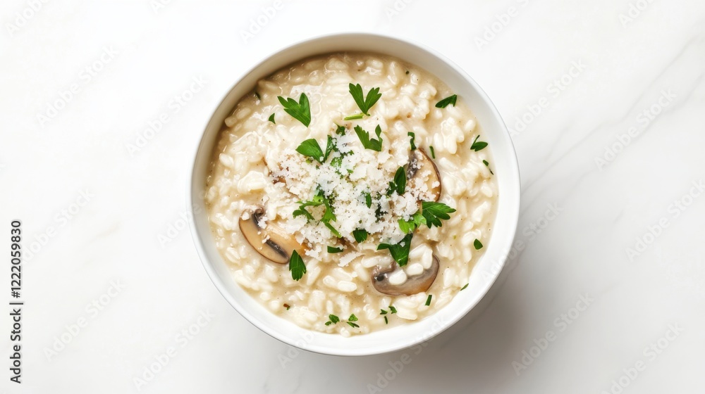 A bowl of creamy risotto with Parmesan cheese, mushrooms, and fresh parsley A bowl of creamy risotto with Parmesan cheese, mushrooms, and fresh parsley
