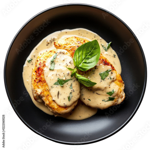 Chicken fillet with creamy gravy on black plate isolated on transparent background