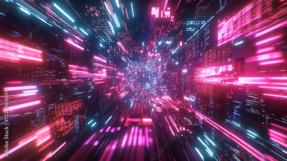 Neon-lit circuit board with pulsating data streams representing high-speed digital processing, futuristic computing, and advanced technology concepts
Neon-lit circuit board with pulsating data streams representing high-speed digital processing, futuristic computing, and advanced technology concepts
