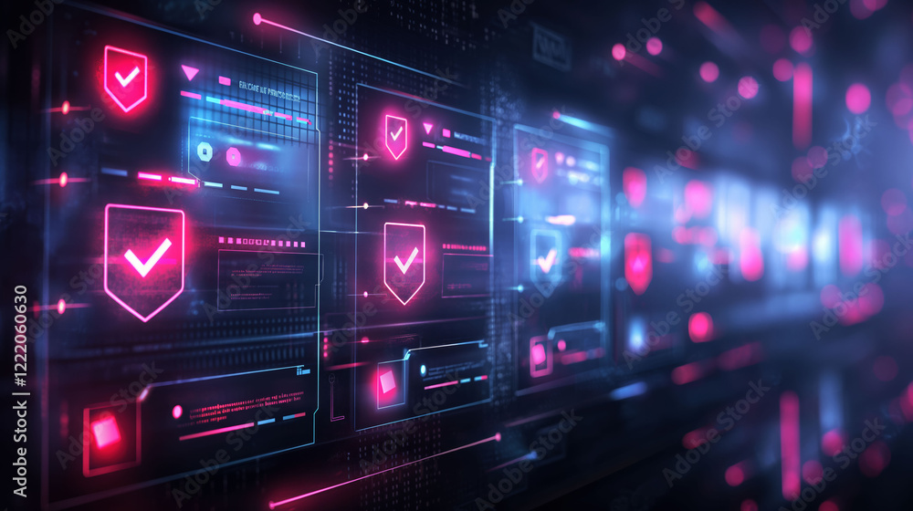 Detailed holographic dashboard showcasing security features and progress indicators in a modern business environment Detailed holographic dashboard showcasing security features and progress indicators in a modern business environment