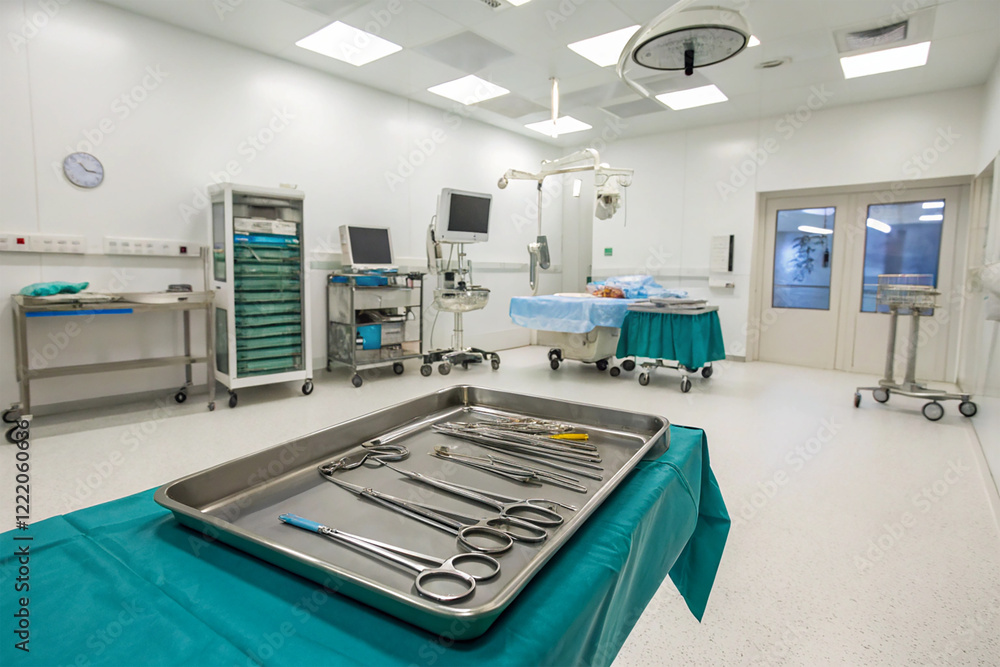 A clean and sterile surgical room with tools on a tray A clean and sterile surgical room with tools on a tray
