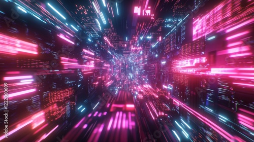 Neon-lit circuit board with pulsating data streams representing high-speed digital processing  futuristic computing  and advanced technology concepts   