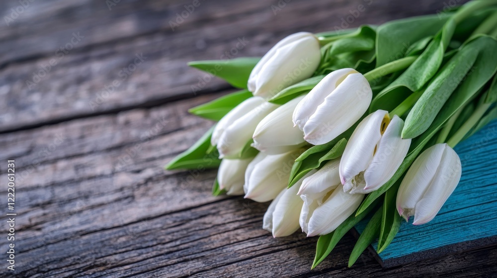Elegant White Tulips Bouquet on Rustic Wooden Background Elegant White Tulips Bouquet on Rustic Wooden Background