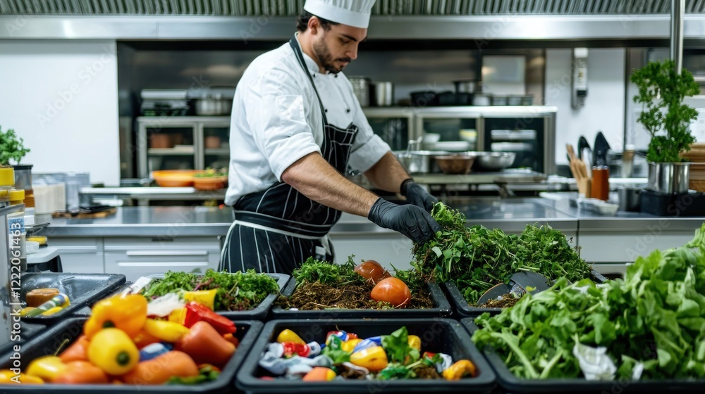 Focused Chef Prepares Fresh Herbs and Vegetables in a Modern Restaurant Kitchen Focused Chef Prepares Fresh Herbs and Vegetables in a Modern Restaurant Kitchen
