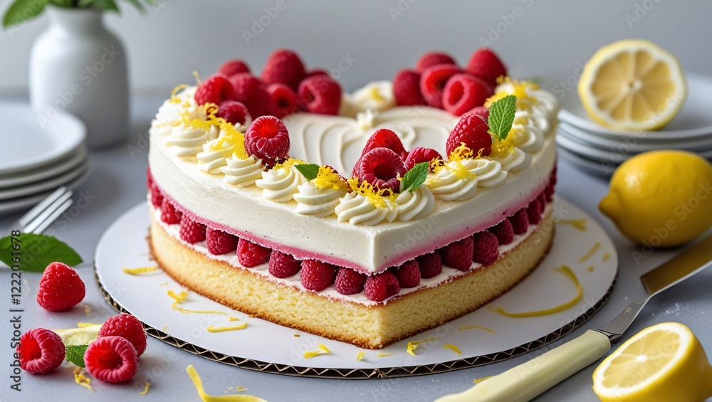 A heart-shaped lemon cake with raspberry filling, topped with lemon buttercream, fresh raspberries, and lemon zest for a refreshing, tangy flavor.
