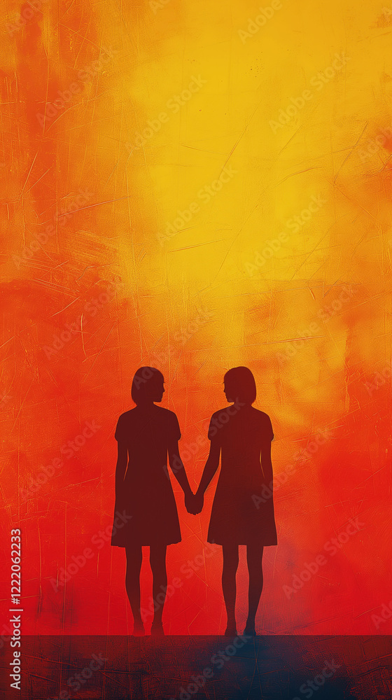 Colorful silhouettes of women holding hands against a vibrant red and yellow background in a minimal composition Colorful silhouettes of women holding hands against a vibrant red and yellow background in a minimal composition