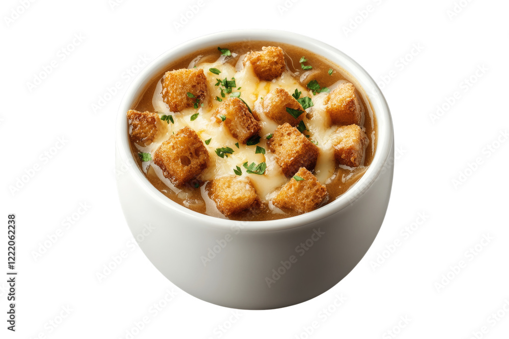 Onion soup with melted cheese and croutons isolated on white or transparent, PNG Onion soup with melted cheese and croutons isolated on white or transparent, PNG