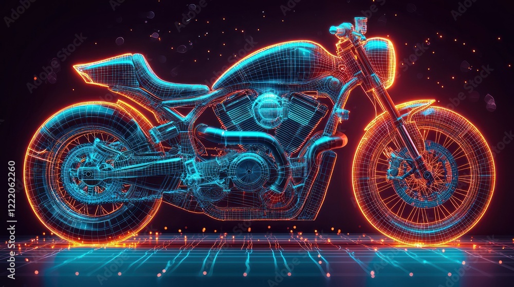Fototapeta premium Cyberpunk Motorcycle: Neon Wireframe Cruiser