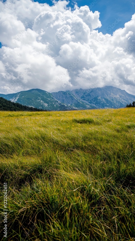 Fototapeta premium Serene Meadow Landscape Rolling Hills Fluffy Clouds Summer Nature Scene