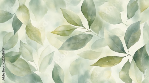 Fresh wallpaper with watercolor botanical leaves in soft green shades