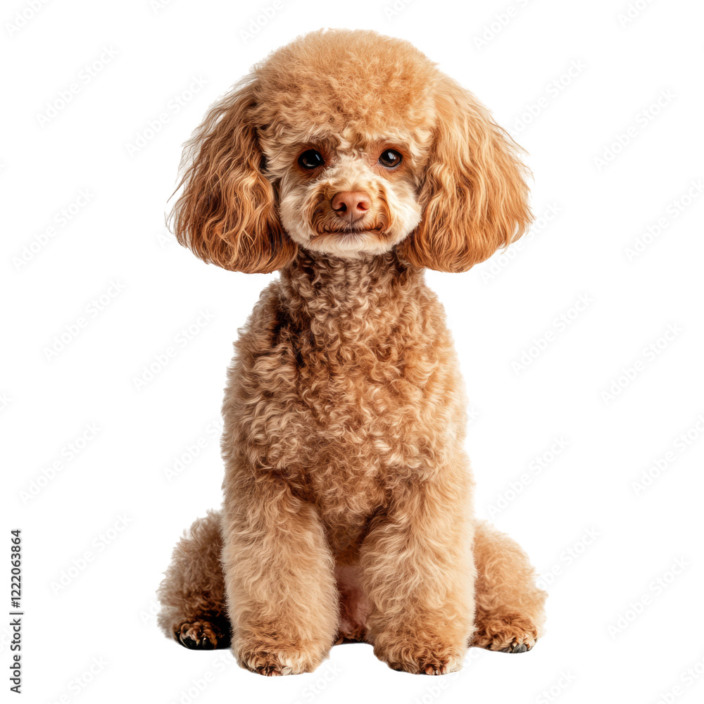 Adorable brown poodle sitting on a transparent background, showcasing its fluffy coat Adorable brown poodle sitting on a transparent background, showcasing its fluffy coat
