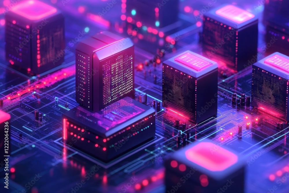 Cyberpunk-style server farm, glowing neon. Illustrates advanced technology, data processing, and digital infrastructure. Cyberpunk-style server farm, glowing neon. Illustrates advanced technology, data processing, and digital infrastructure.