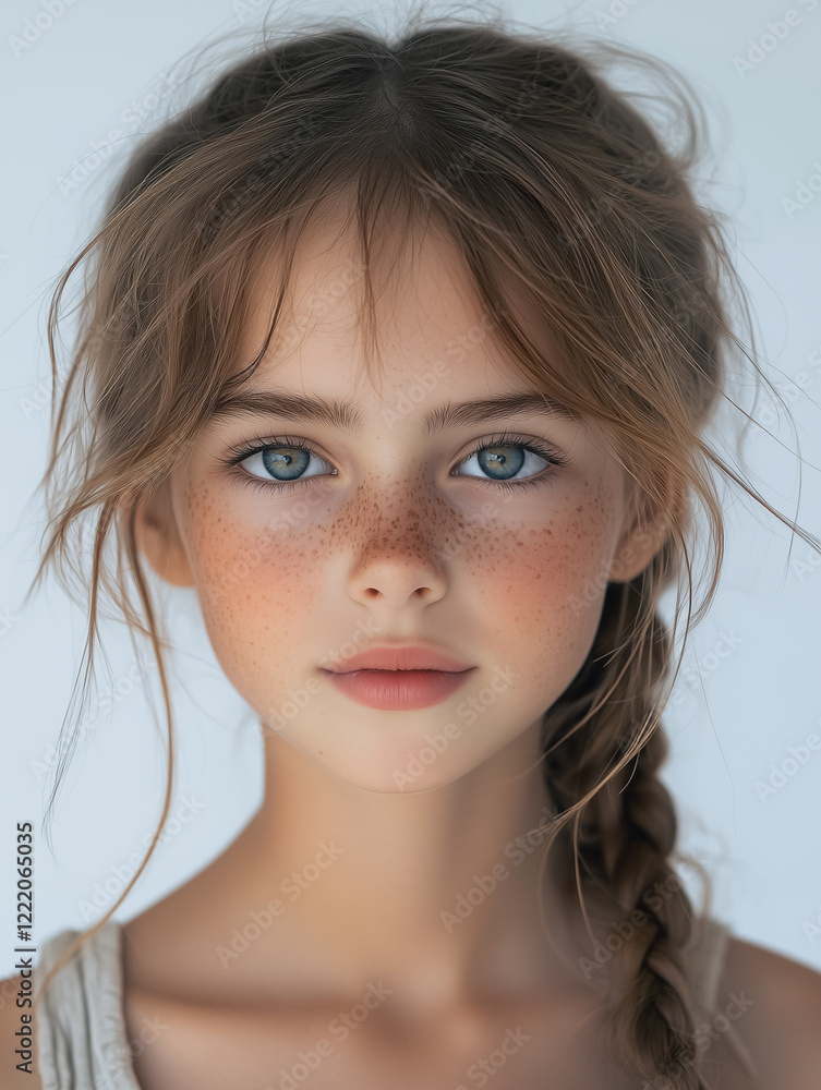 Portrait of a Young Girl with Freckles: A captivating close-up portrait of a young girl with charming freckles, light brown hair styled in a side braid, and captivating light-blue eyes. Portrait of a Young Girl with Freckles: A captivating close-up portrait of a young girl with charming freckles, light brown hair styled in a side braid, and captivating light-blue eyes.