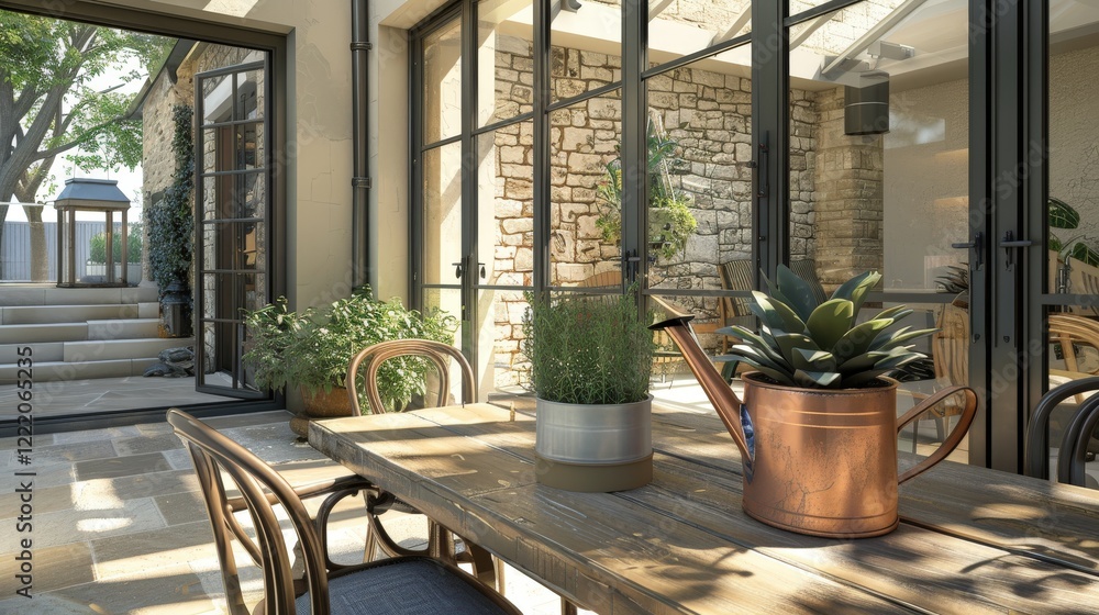 Modern Rustic Blend: Stylish Orangery with Craft Oak Table, Copper Watering Can, and Contemporary Floor Modern Rustic Blend: Stylish Orangery with Craft Oak Table, Copper Watering Can, and Contemporary Floor