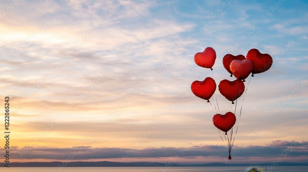Fototapeta premium Heart-Shaped Balloons of Various Sizes Floating Gracefully Against a Beautiful Sky at Sunset