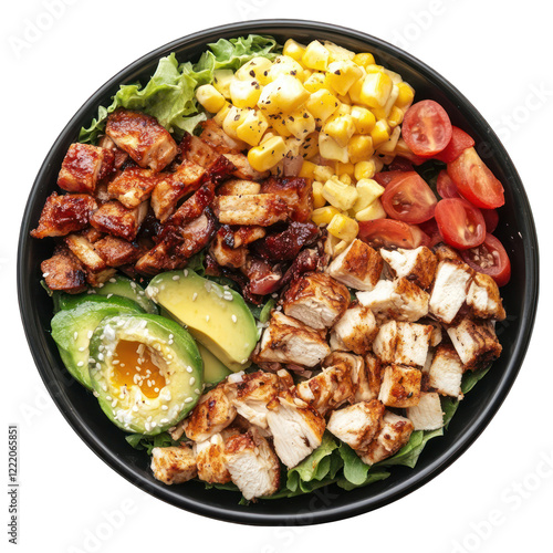 Cobb salad on black bowl isolated on transparent background