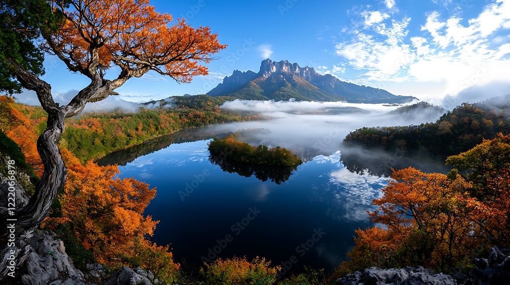 Naklejka premium Autumnal lake reflecting mountains in morning mist; scenic landscape ideal for calendars or travel brochures