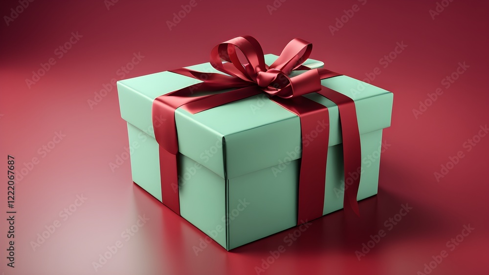 Mint green gift box with a burgundy ribbon and bow on a maroon background. Mint green gift box with a burgundy ribbon and bow on a maroon background.