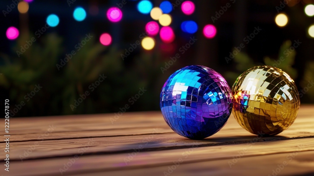 Fototapeta premium Festive Disco Balls on Wooden Table Night Party Decor
