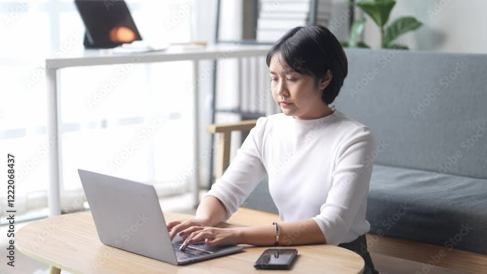 A woman is sitting at a table with a laptop and a cell phone. She is typing on the laptop and looking at the cell phone. Concept of productivity and focus as the woman works on her tasks A woman is sitting at a table with a laptop and a cell phone. She is typing on the laptop and looking at the cell phone. Concept of productivity and focus as the woman works on her tasks