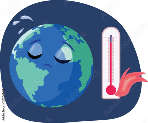 Overheated Earth Planet Next to a Thermometer Vector Cartoon. Climate changing environment due to overhearing on the globe
