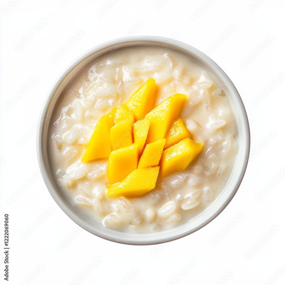A bowl of creamy coconut milk rice pudding with mango slices, isolated white background, surreal art style A bowl of creamy coconut milk rice pudding with mango slices, isolated white background, surreal art style