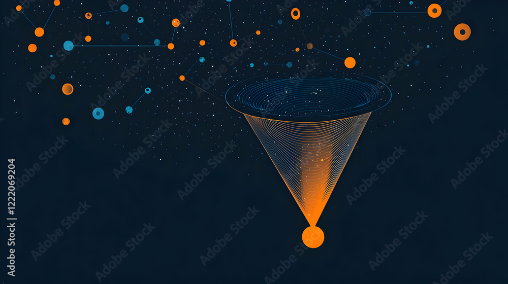 Data funnel visualization, abstract space background, digital connection concept, tech presentation Data funnel visualization, abstract space background, digital connection concept, tech presentation