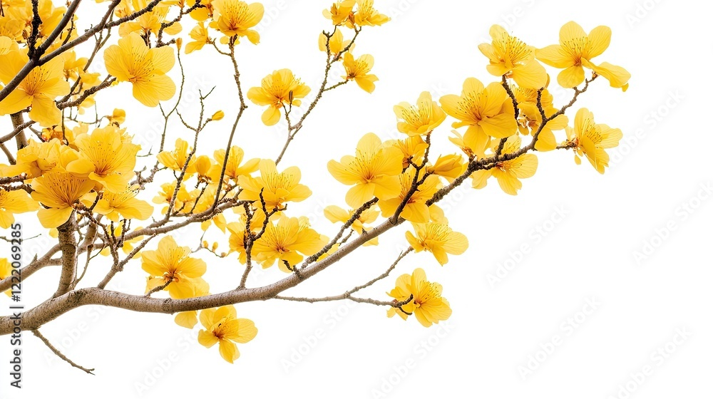 Vibrant Yellow Flowers on Branch Against Blank White Background Capturing the Essence of Spring Elegance and Natural Beauty in Full Bloom Vibrant Yellow Flowers on Branch Against Blank White Background Capturing the Essence of Spring Elegance and Natural Beauty in Full Bloom