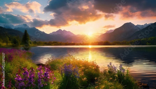 Beautiful, dramatic and colorful sunset reflecting over lake in the mountains amidst purple wildflowers blooming in forefront