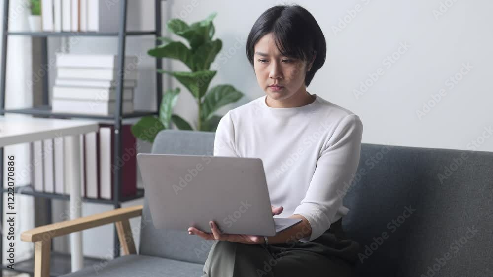A woman is sitting on a couch and looking at a laptop. She is focused on the screen, possibly working or browsing the internet. The room has a cozy atmosphere, with a potted plant A woman is sitting on a couch and looking at a laptop. She is focused on the screen, possibly working or browsing the internet. The room has a cozy atmosphere, with a potted plant