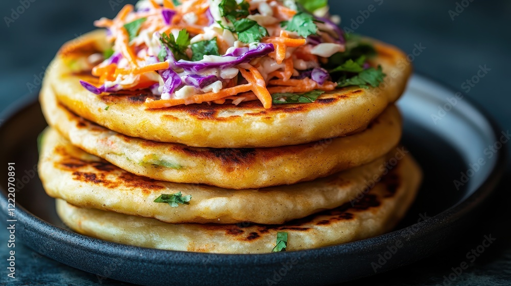 Stack of golden-brown pupusas topped with vibrant slaw. Perfect for food blogs, menus, or recipes showcasing delicious Latin American cuisine. Stack of golden-brown pupusas topped with vibrant slaw. Perfect for food blogs, menus, or recipes showcasing delicious Latin American cuisine.